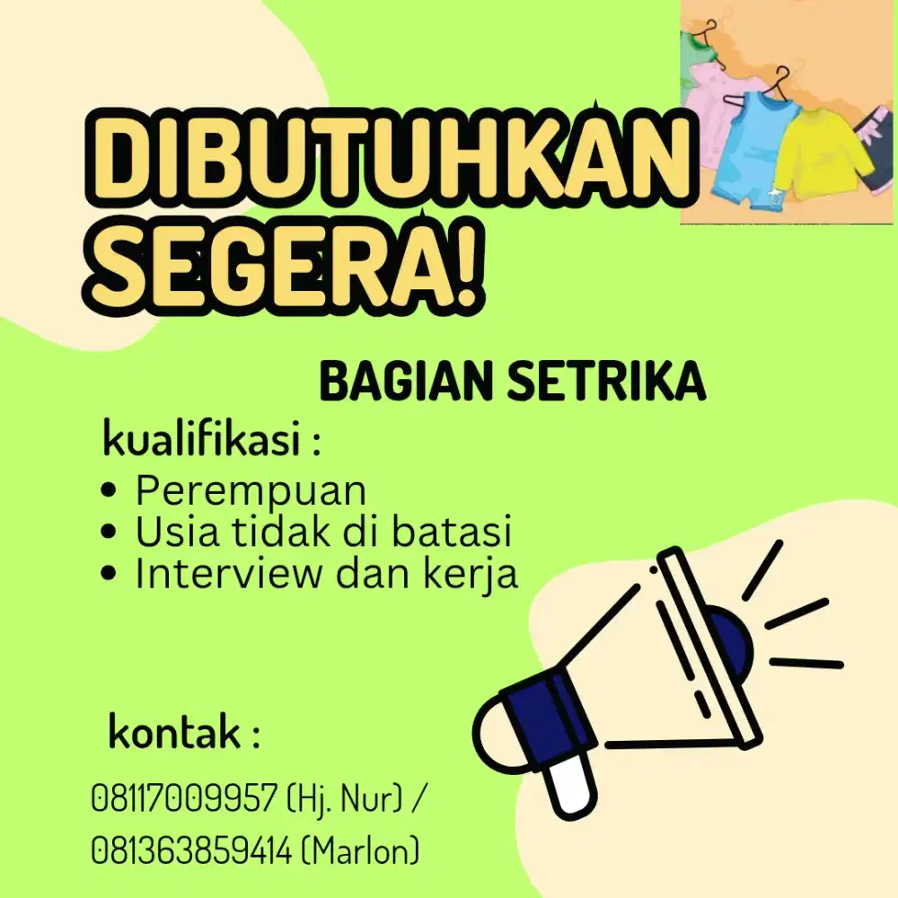 Dibutuhkan tenaga setrika area kota Yogyakarta