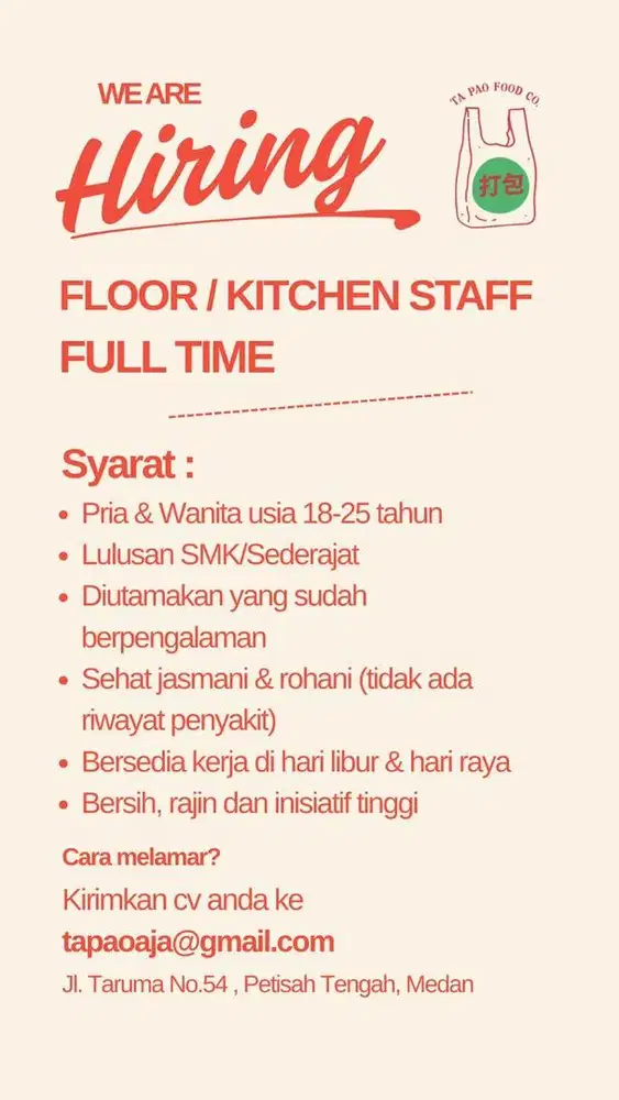Staff Dapur atau Floor FULL TIME