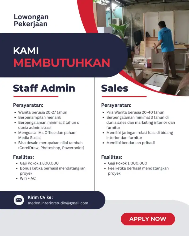 Admin dan Sales untuk Workshop Interior
