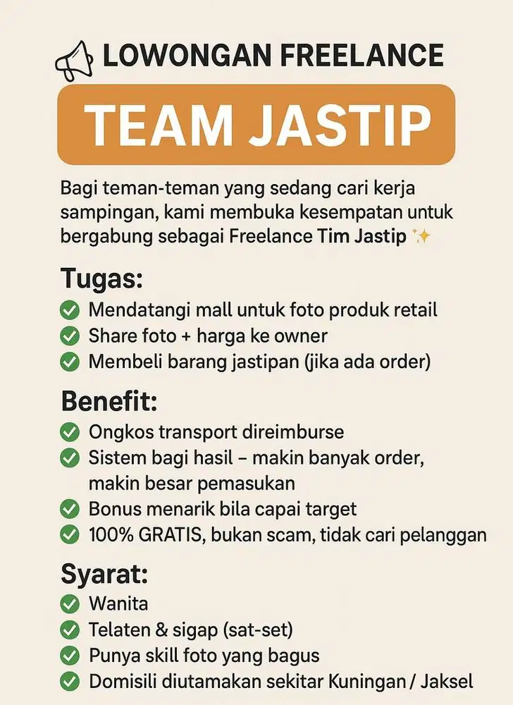 FREELANCE ADMIN JASTIP WANITA