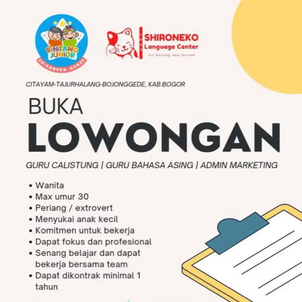 Lowongan Guru Calistung | Guru Bahasa Asing | Admin Marketing