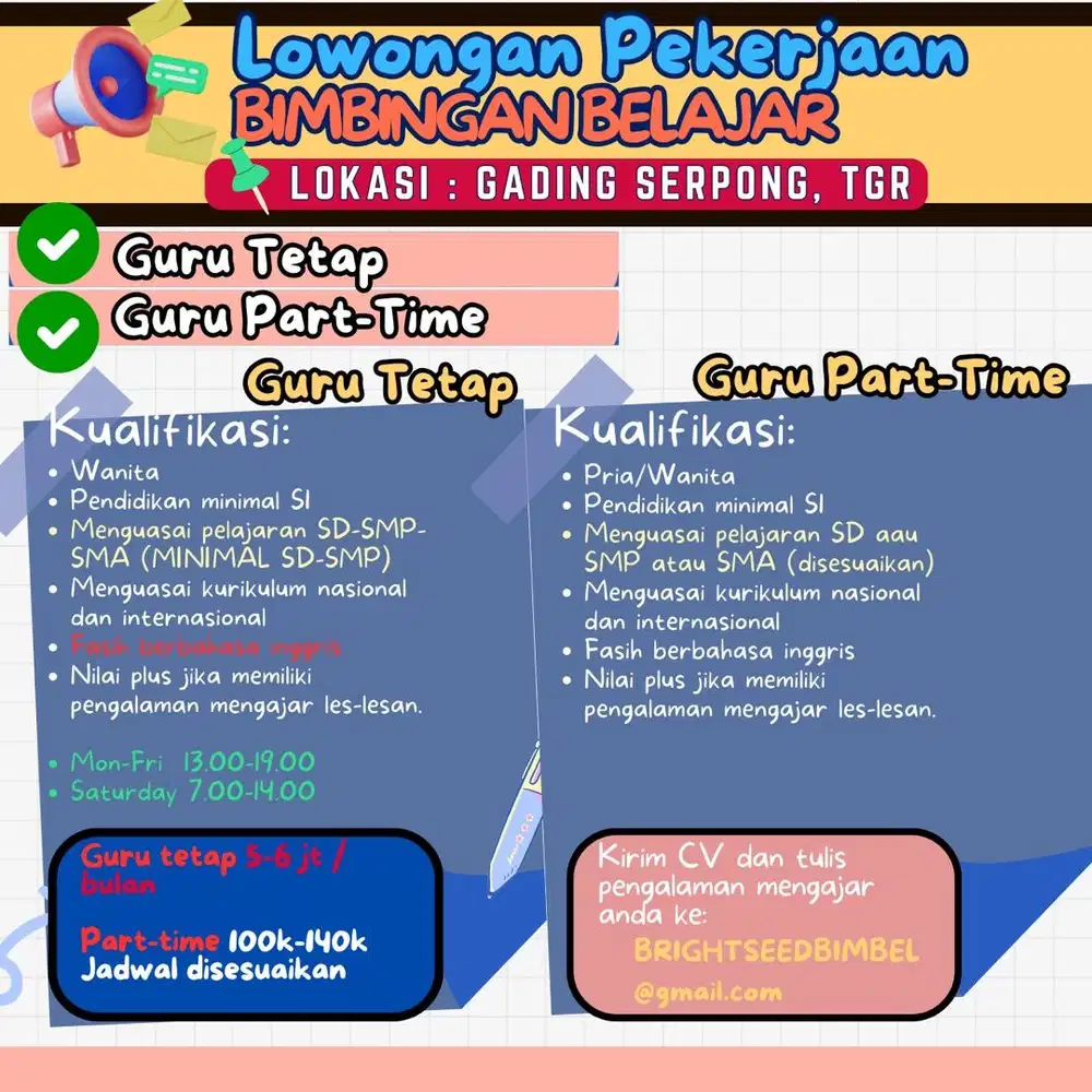 Loker lowongan kerja GURU BIMBEL full time part time gading serpong