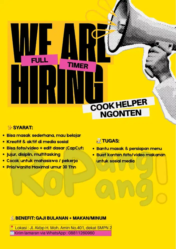 Lowongan Kerja Full Time Cookhelper dan Ngonten