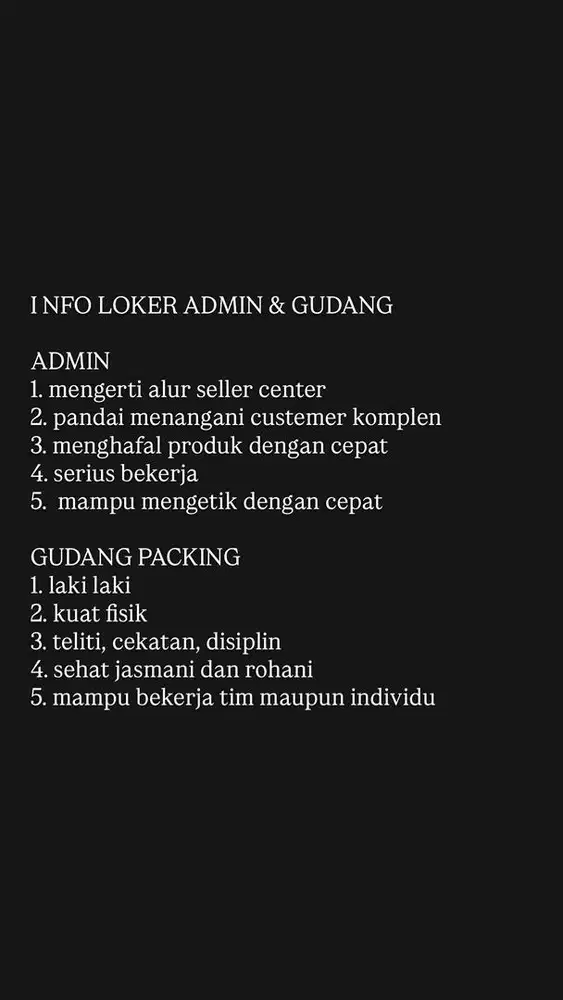 INFO LOKER ADMIN & GUDANG PACKING