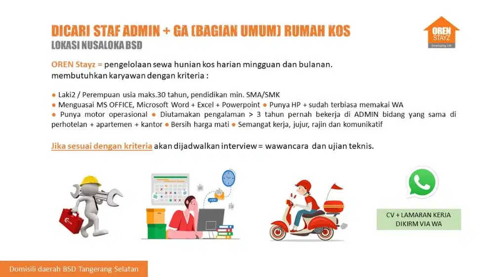 Dicari staf ADMIN + GA (Bagian Umum) Rumah Kos