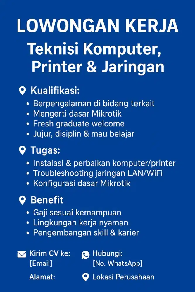 Dicari teknisi komputer printer dan jaringan untuk standby di instansi
