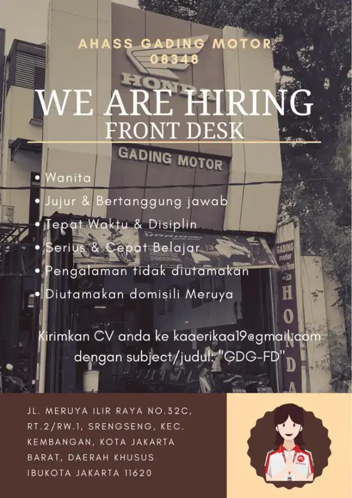FRONT DESK KASIR BENGKEL MOTOR AHASS GADING MOTOR KEMBANGAN JAKBAR