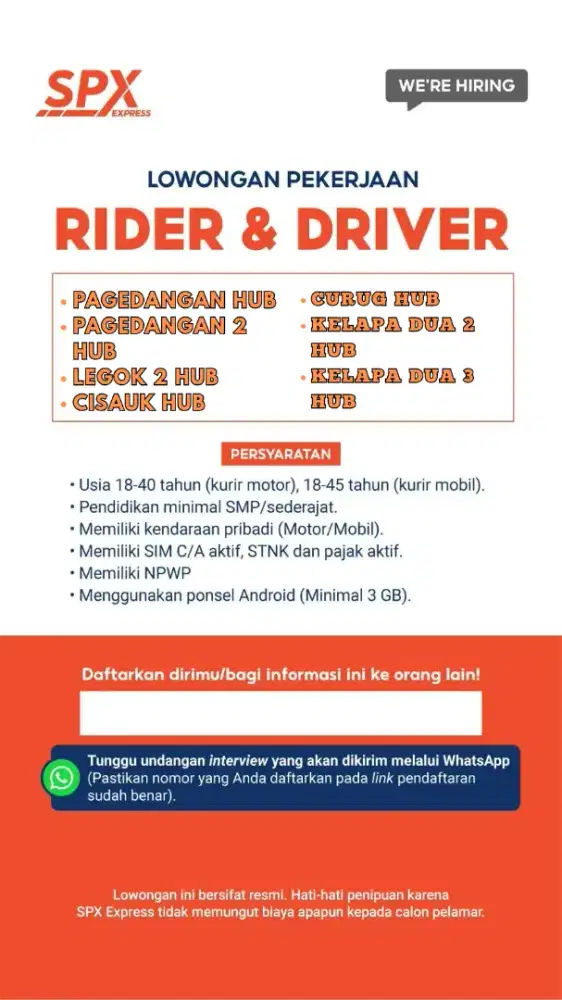 LOWONGAN KURIR SPX RIDERS/DRIVER