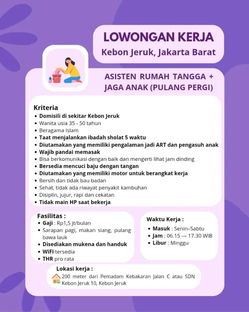 ASISTEN RUMAH TANGGA + JAGA ANAK (PULANG PERGI)