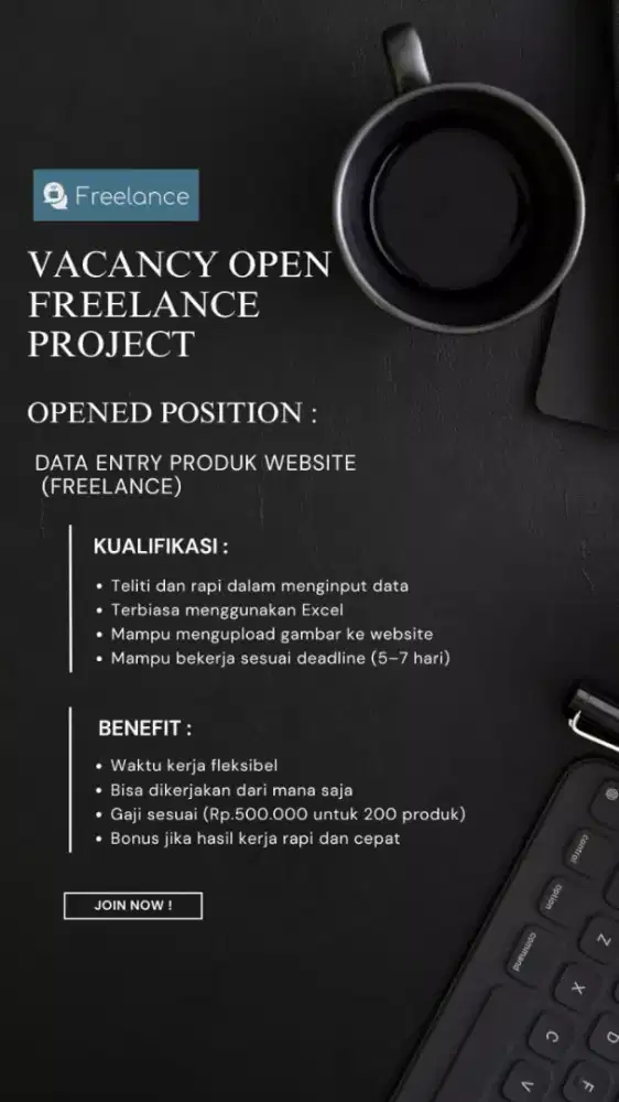 OPEN – FREELANCE PROJECT
OPENED POSITION:
DATA ENTRY PRODUK WEBSITE