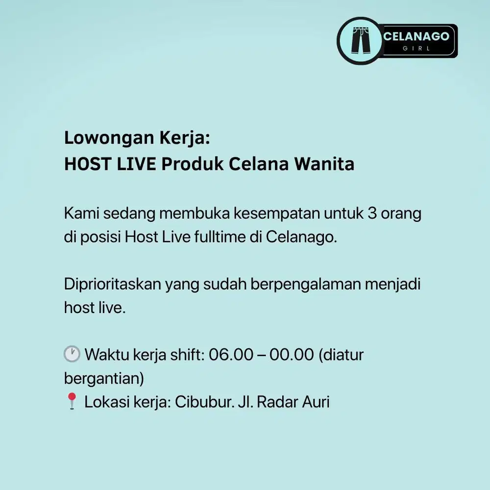 Butuh 3 Host Live Produk Celana Wanita. Gapok + Fee.