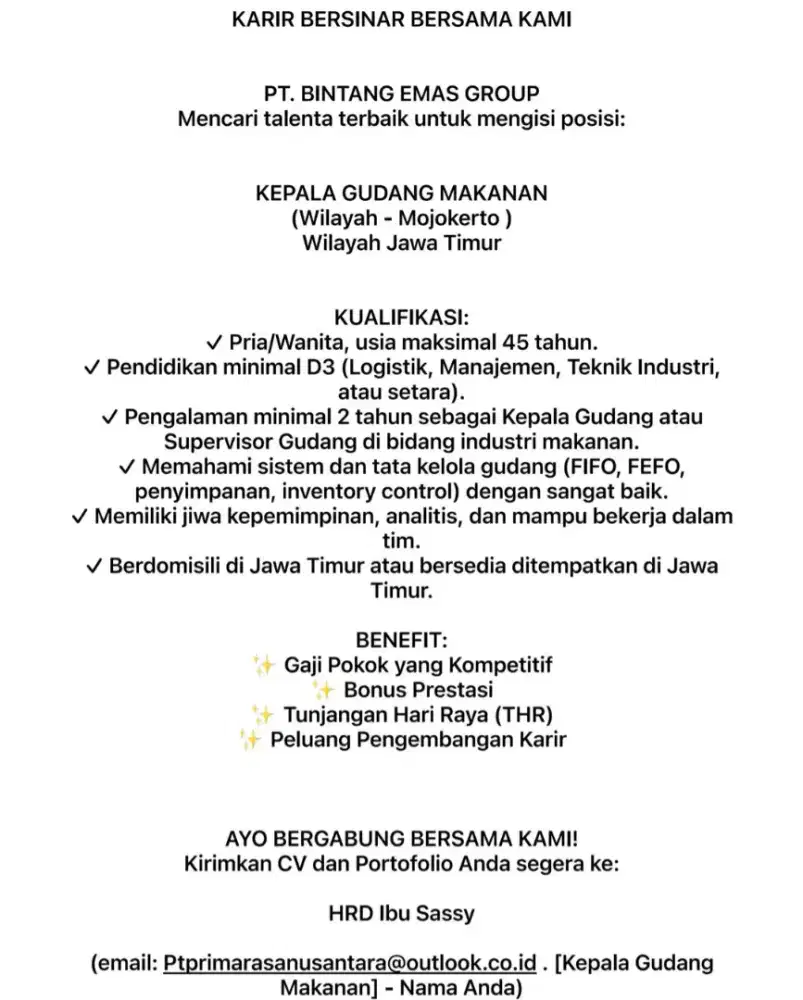 Di Butuhkan segera Sales executive makanan berpengalaman