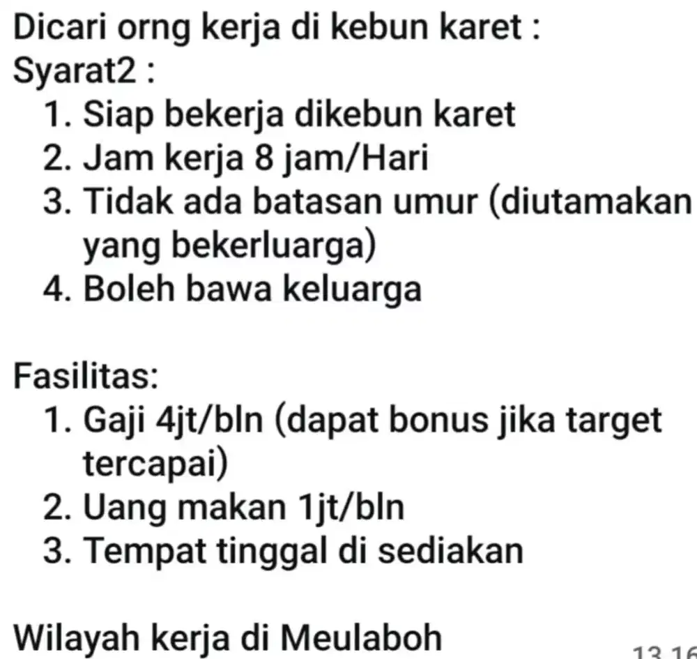 Dicari orang kerja di kebun karet