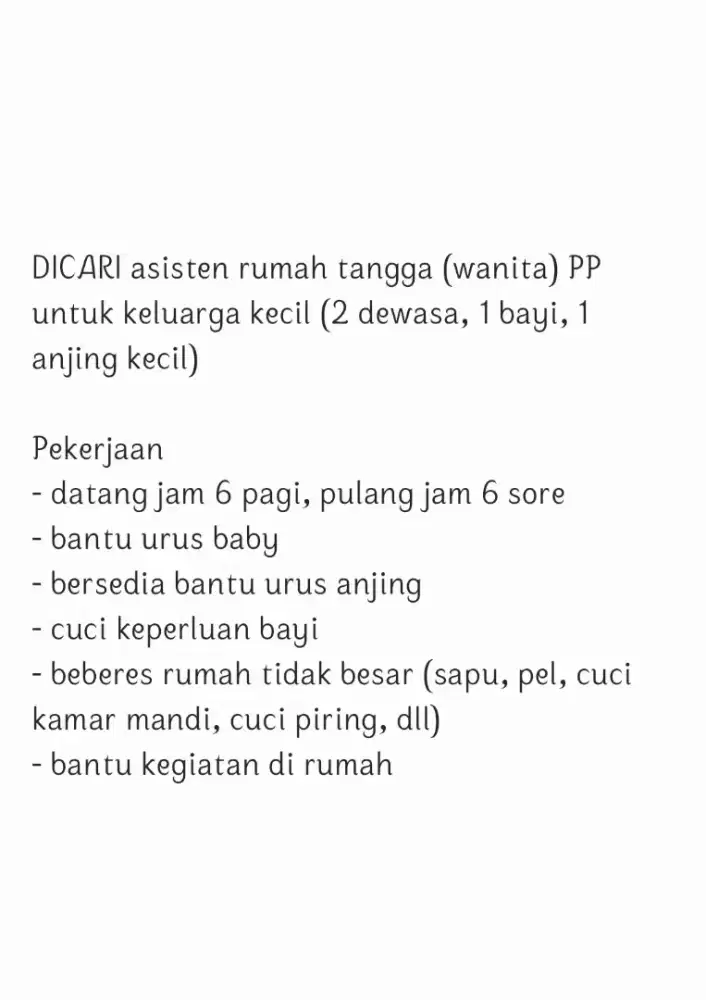 Dicari asisten rumah tangga