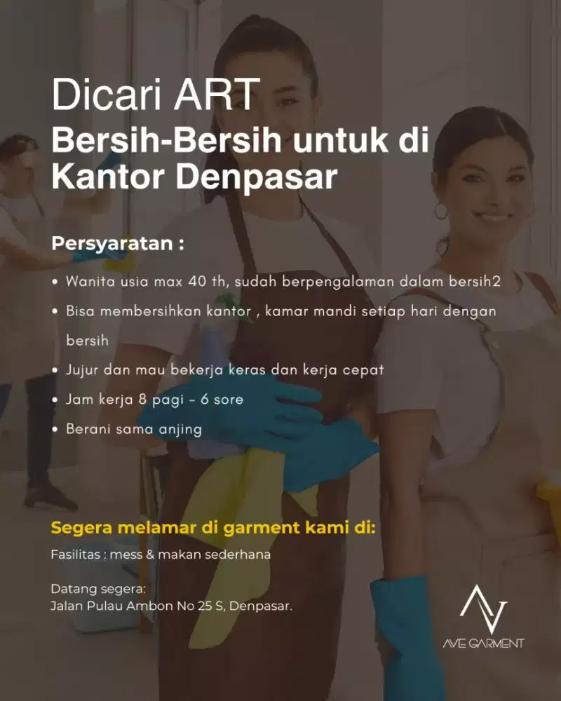 DIBUTUHKAN SEGERA ART BERSIH BERSIH UNTUK DIKANTOR