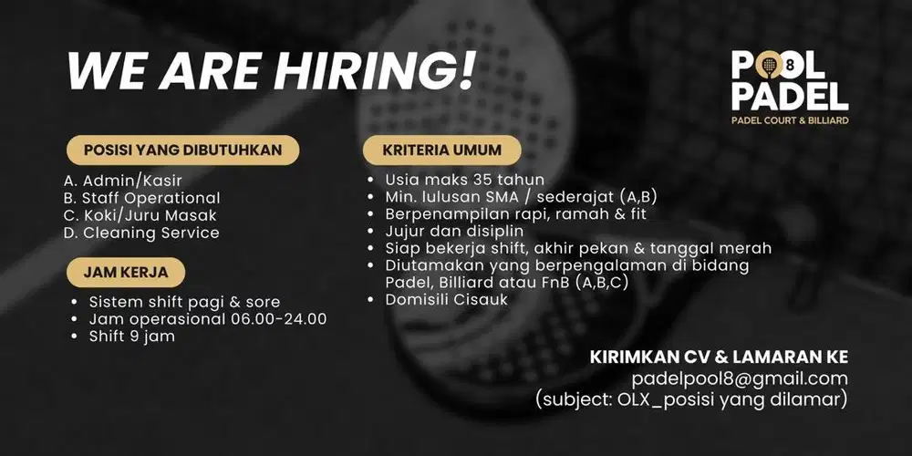 Lowongan Kerja Admin/Staff/Koki/OB