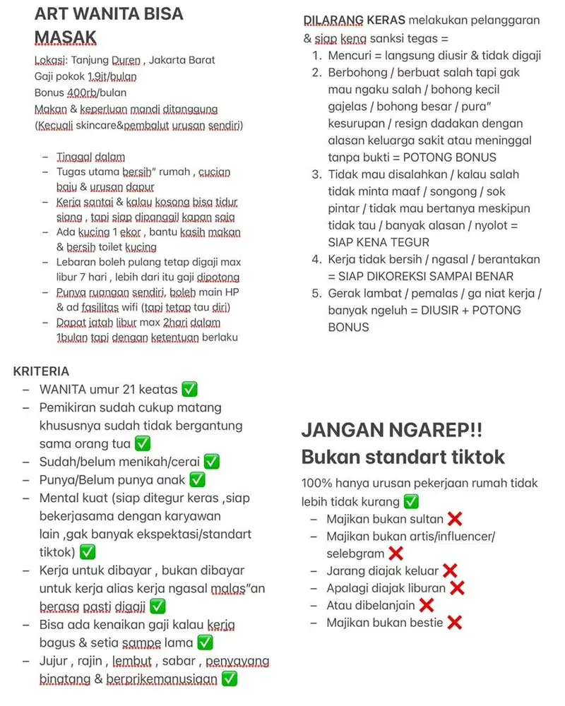 DICARI ASISTEN RUMAH TANGGA BISA MASAK