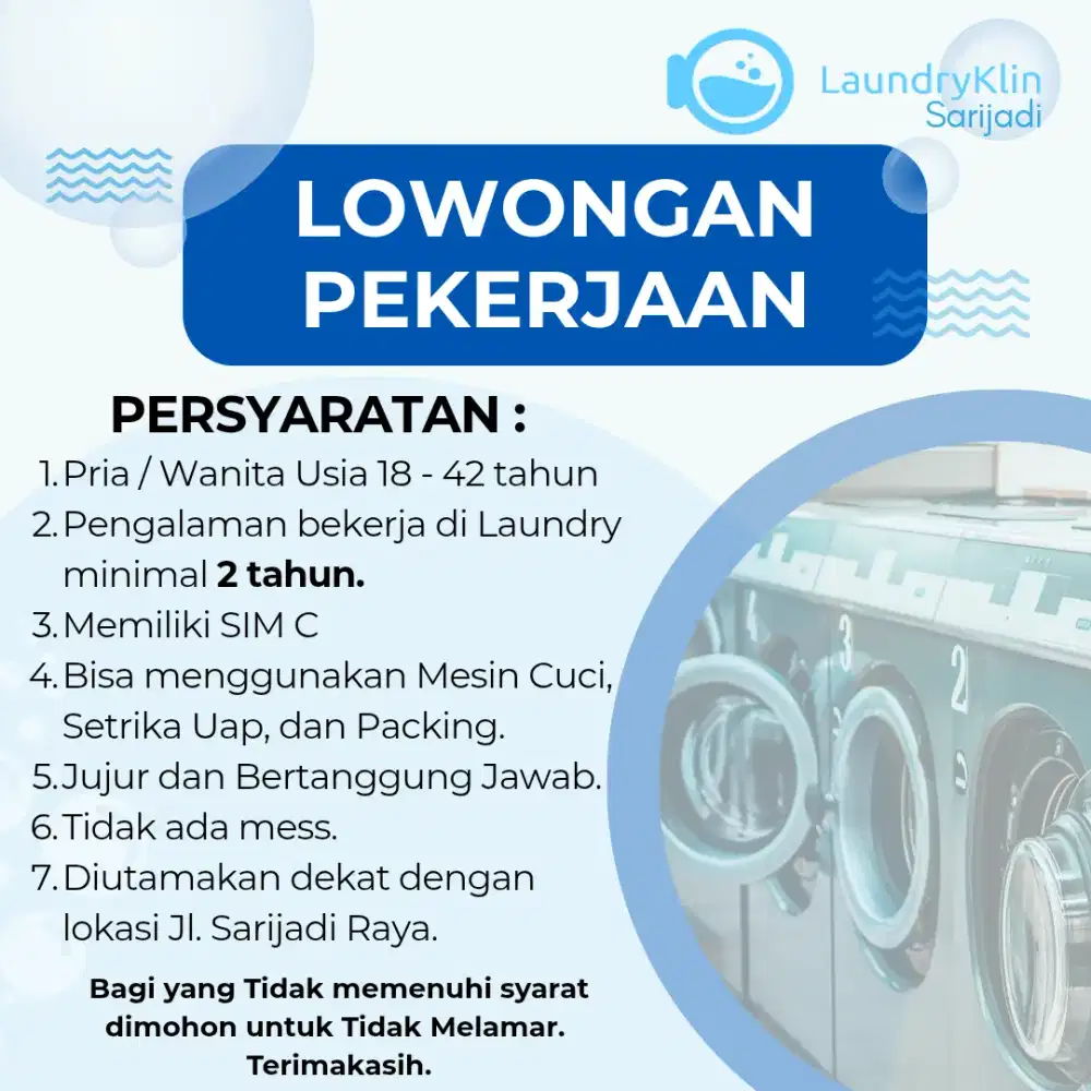 Dibutuhkan Karyawan Laundry Sarijadi