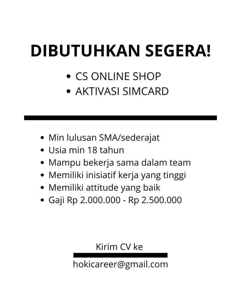 DIBUTUHKAN SEGERA ADMIN ONLINE SHOP!!