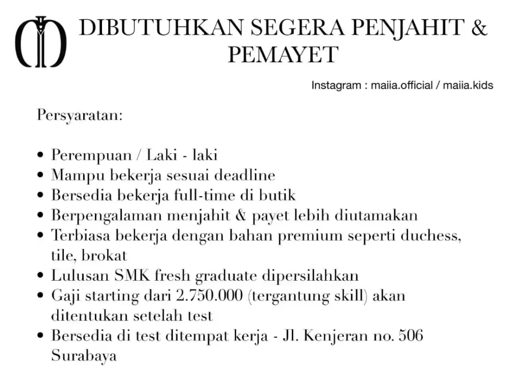 DIBUTUHKAN SEGERA PEMBORCI/PEMAYET/PENJAHIT