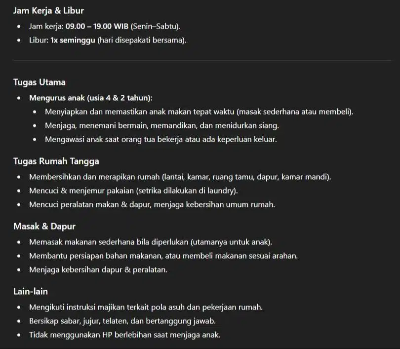 [LOWONGAN ART] Dicari Asisten Rumah Tangga Fokus Jaga Anak & Bersih Ru