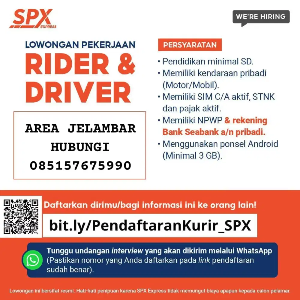 URGENT!! LOWONGAN KURIR MOTOR MITRA AREA JELAMBAR SPX EXPRESS