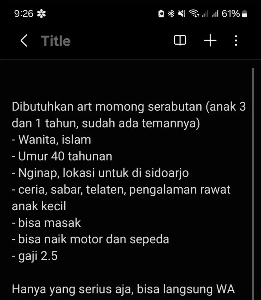 Dibutuhkan art momong serabutan sidoarjo