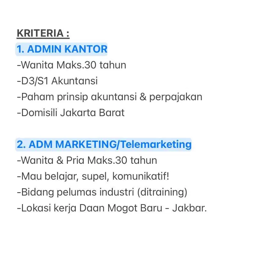 DICARI ADMIN KANTOR & TELEMARKETING