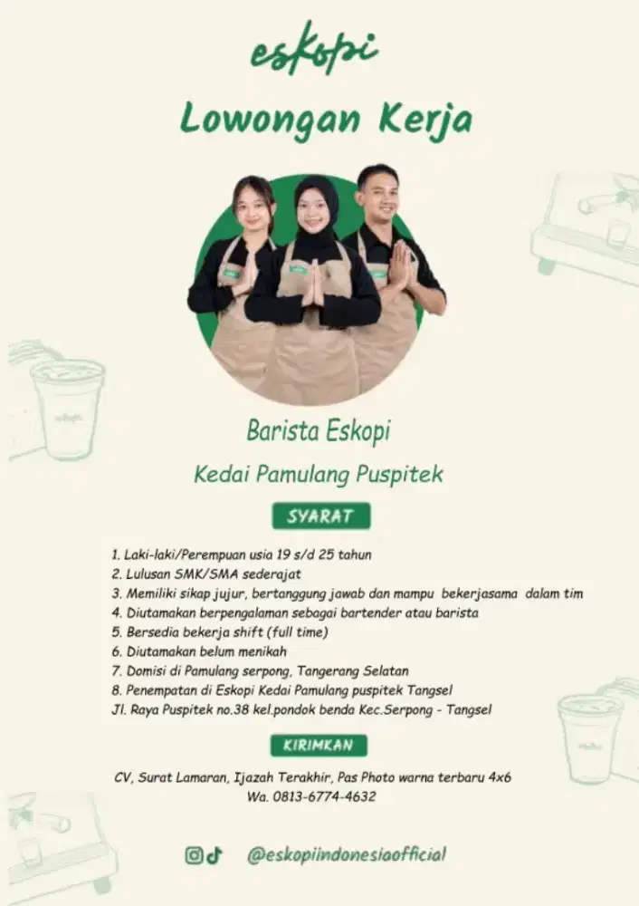 LOWONGAN BARISTA/ KASIR/ STAF ESKOPI INDONESIA PAMULANG