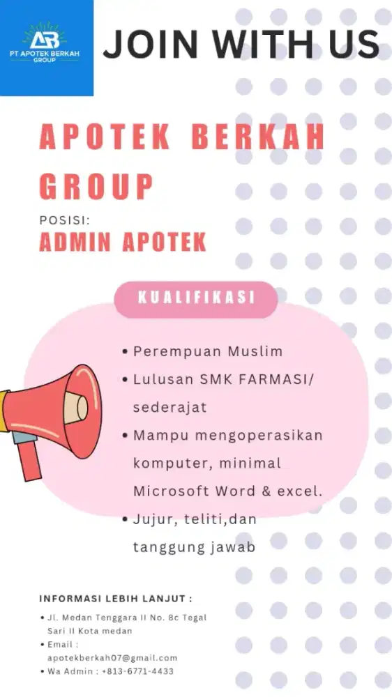 Dibutuhkan admin farmasi untuk di Apotek,