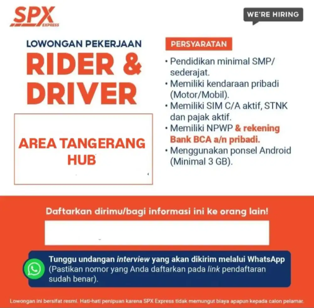 SEDANG DIBUTUHKAN SEGERAN RIDER & DRIVER SPX AREA TANGERANG