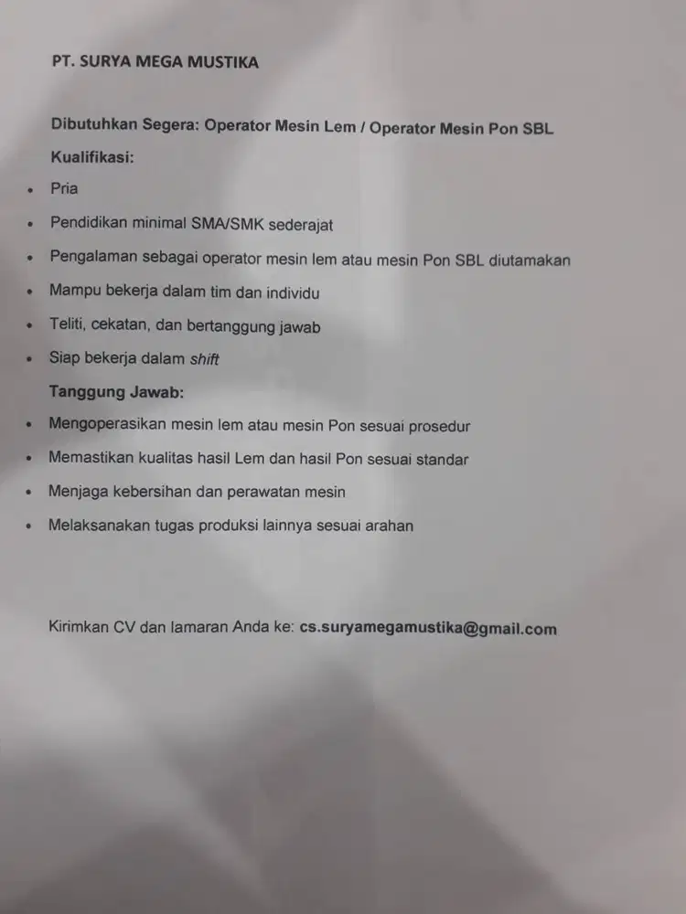 LOWONGAN KERJA OPERATOR MESIN LEM DAN OPERATOR MESIN SBL