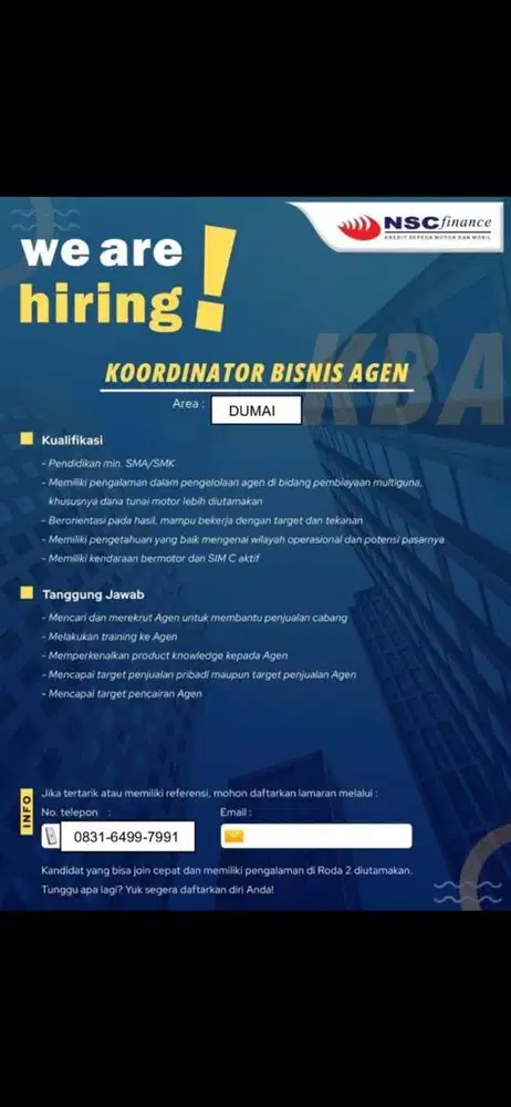 LOWONGAN KERJA NSC FINANCE DUMAI