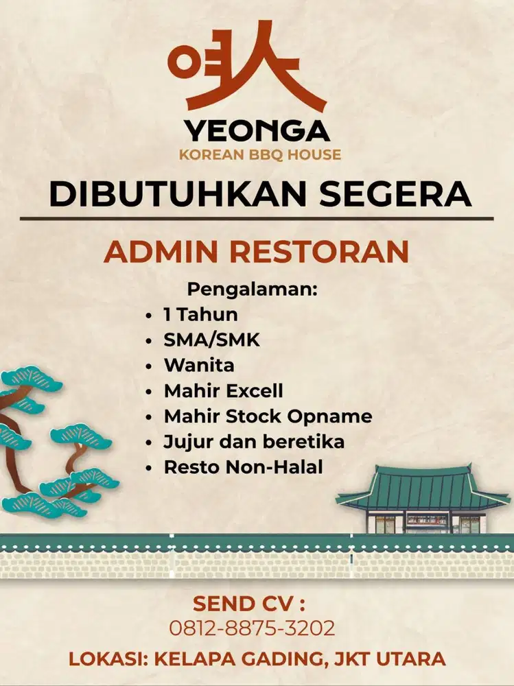 DICARI ADMIN UNTUK RESTORAN DI DAERAH KELAPA GADING (LOKER)