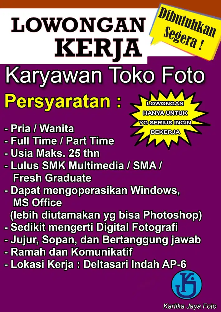 Lowongan Pekerjaan Toko Foto