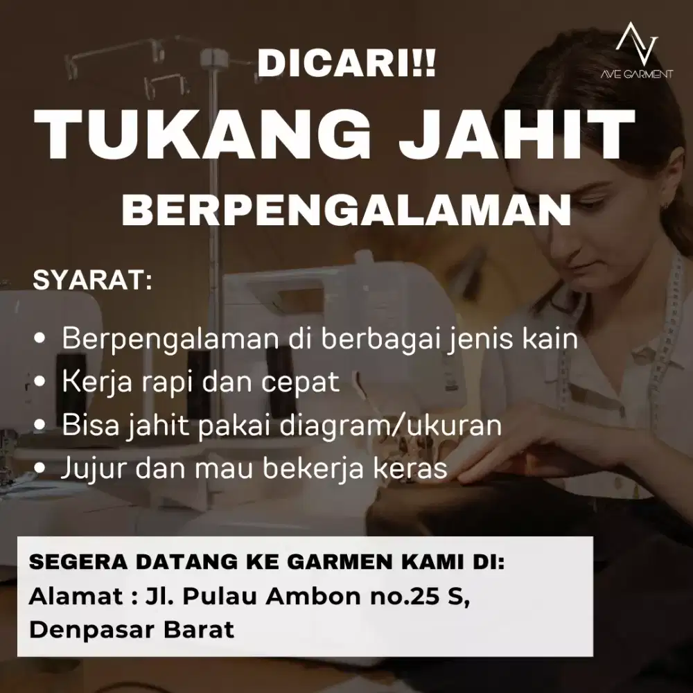 SEGERA DICARI TUKANG JAHIT