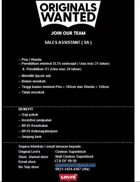 LOWONGAN KERJA LEVIS SALES ASSISTANT CSB MALL