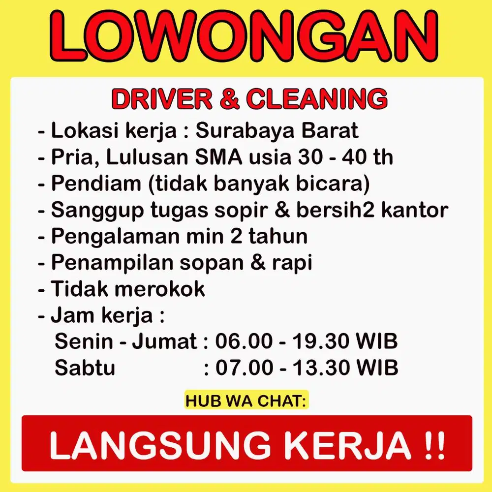 Lowongan Driver dan Asisten OB, Butuh Cepat.