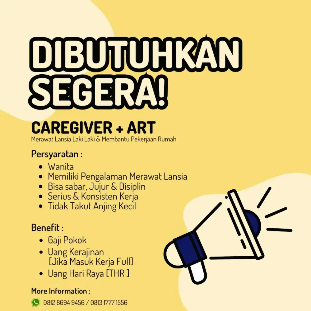 Urgent ! lowongan kerja caregiver & Art