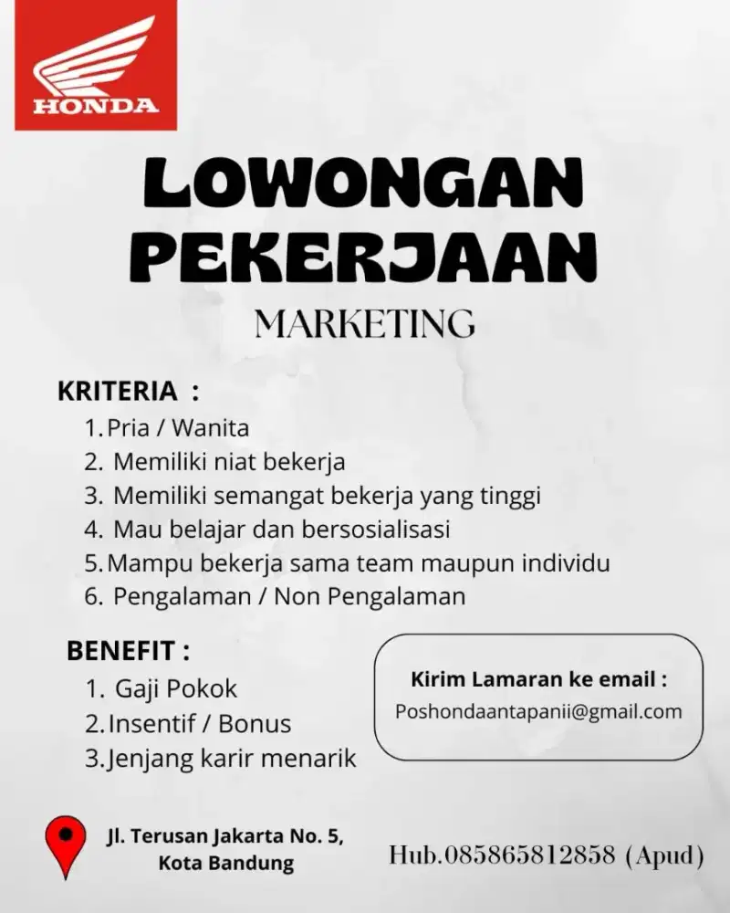 we are hiring di butuhkan tenaga kerja buat wanita untuk sales motor