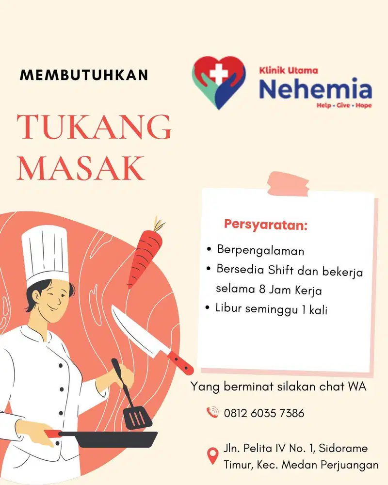 Lowongan Pekerjaan Tukang Masak di Klinik Utama Nehemia