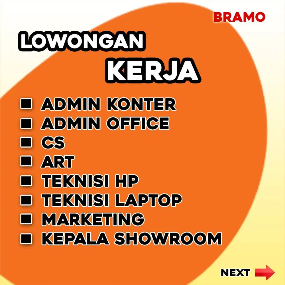 Lowongan Kerja untuk Admin, CS, Teknisi, Kepala Showroom, Marketing