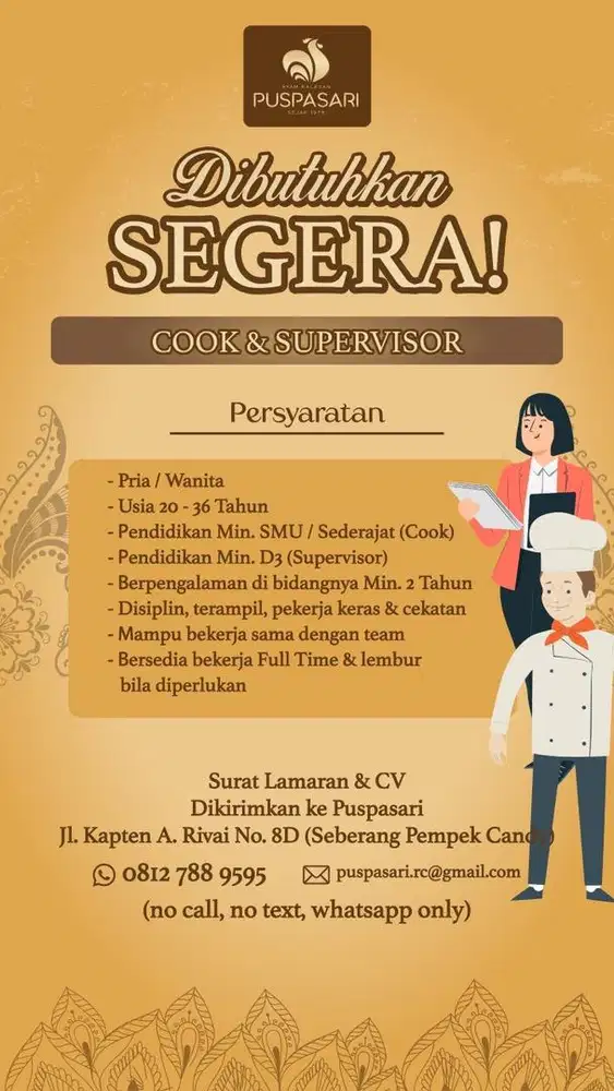 LOKER UTK COOK (JURU MASAK) & SUPERVISOR