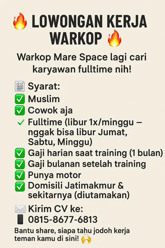 Lowongan fulltime untuk jaga warkop