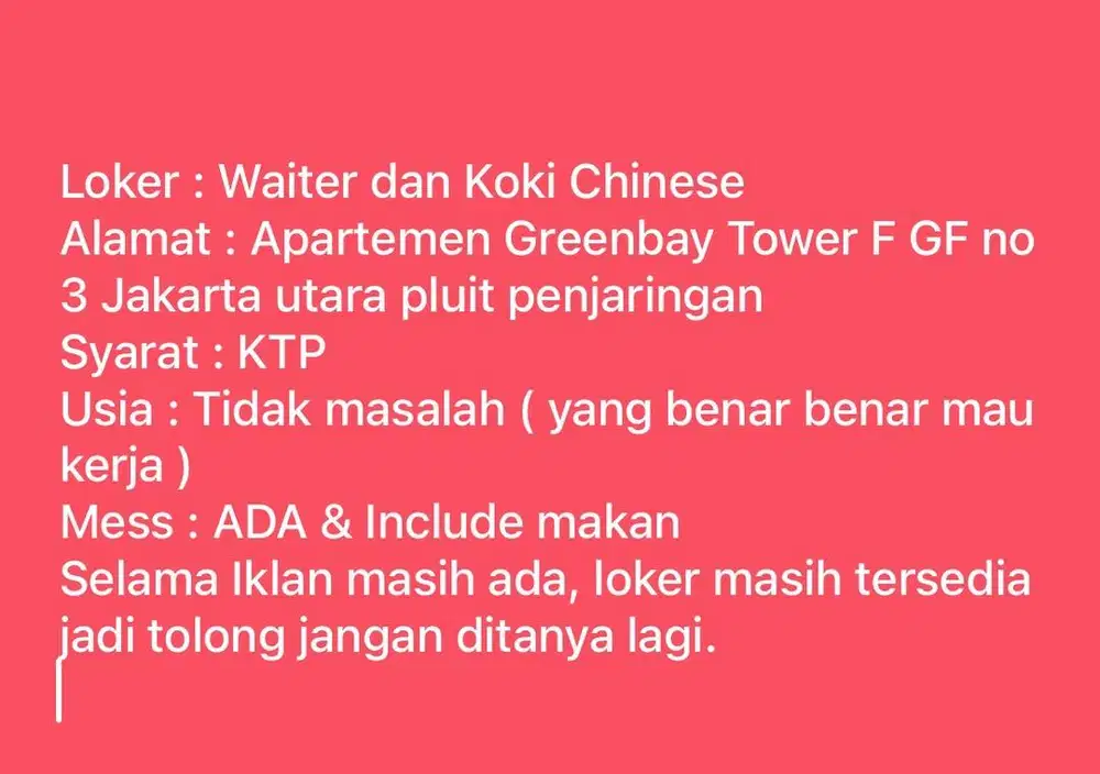 Lowongan kerja Waiter ataupun koki chinese