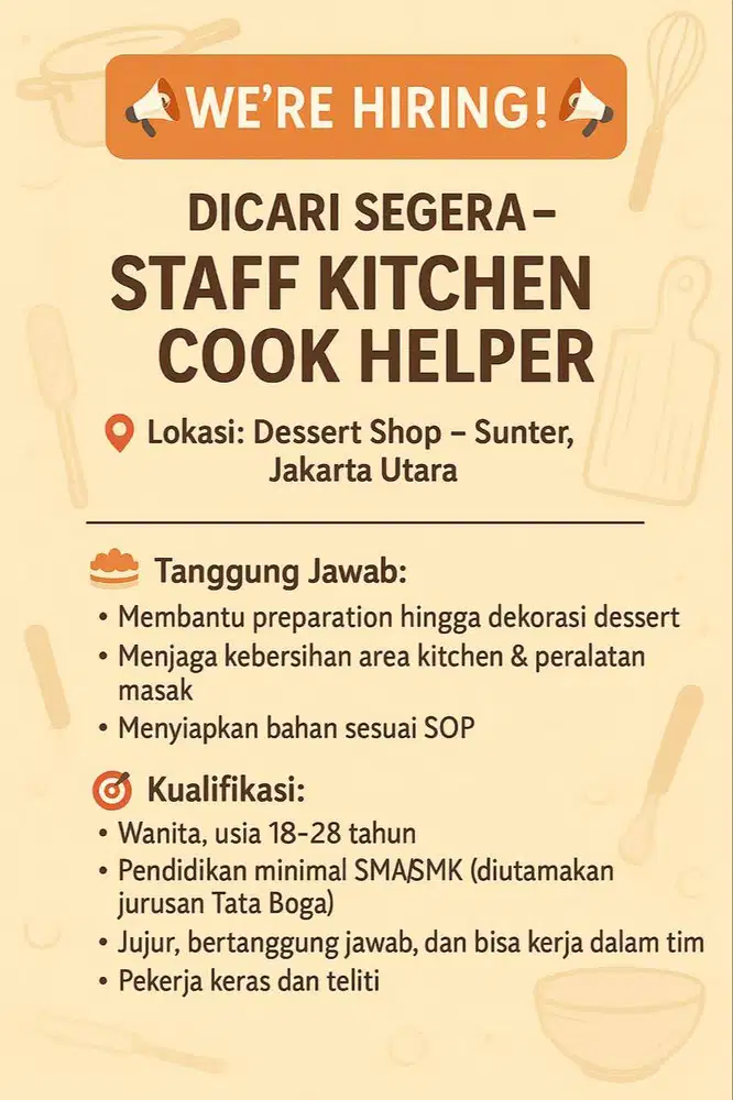 DICARI CEPAT STAFF KITCHEN BISA NGADON & NIMBANG