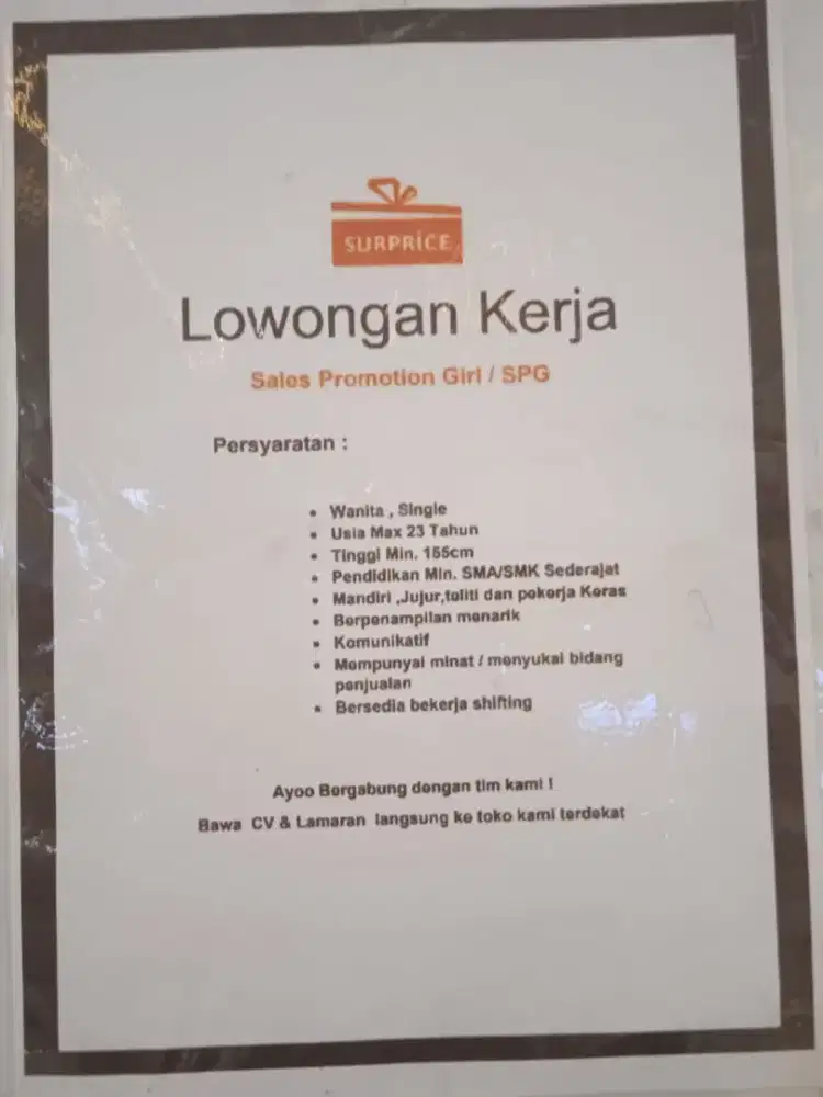 Lowongan Kerja

Gadis Promosi Penjualan / SPG