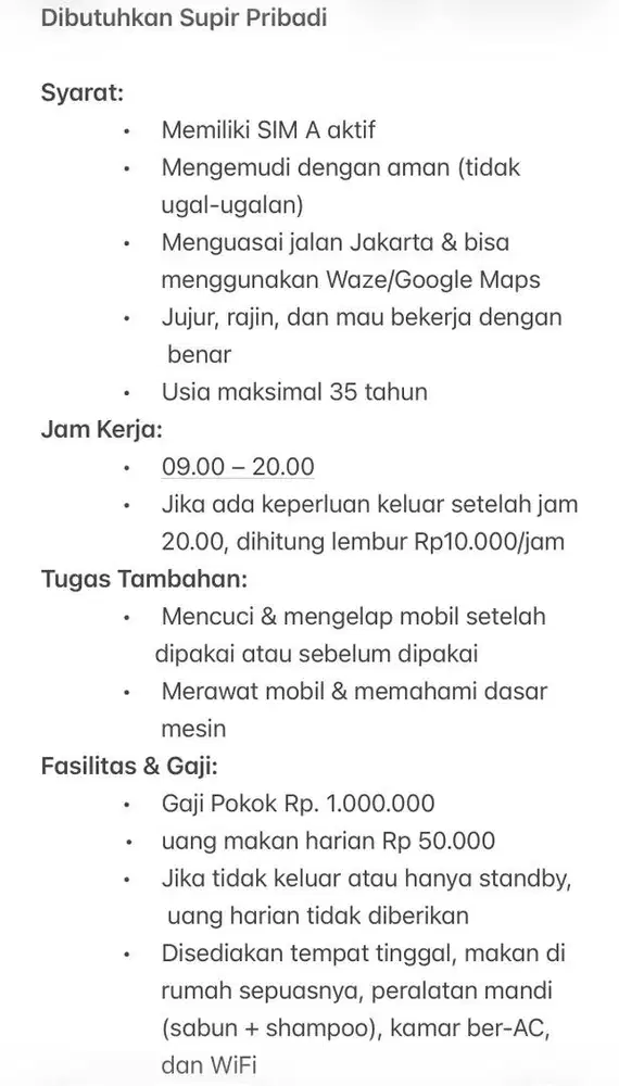 Lowongan Driver Supir Pribadi