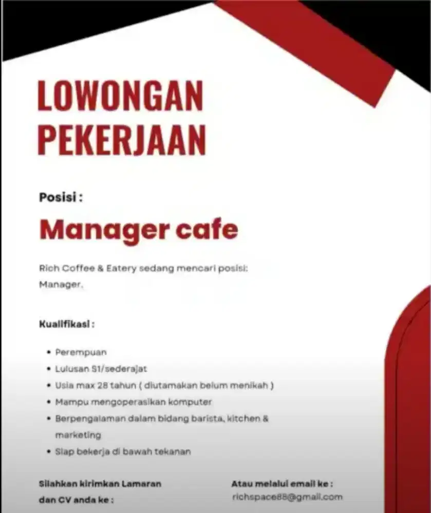 Dicari Manager Cafe