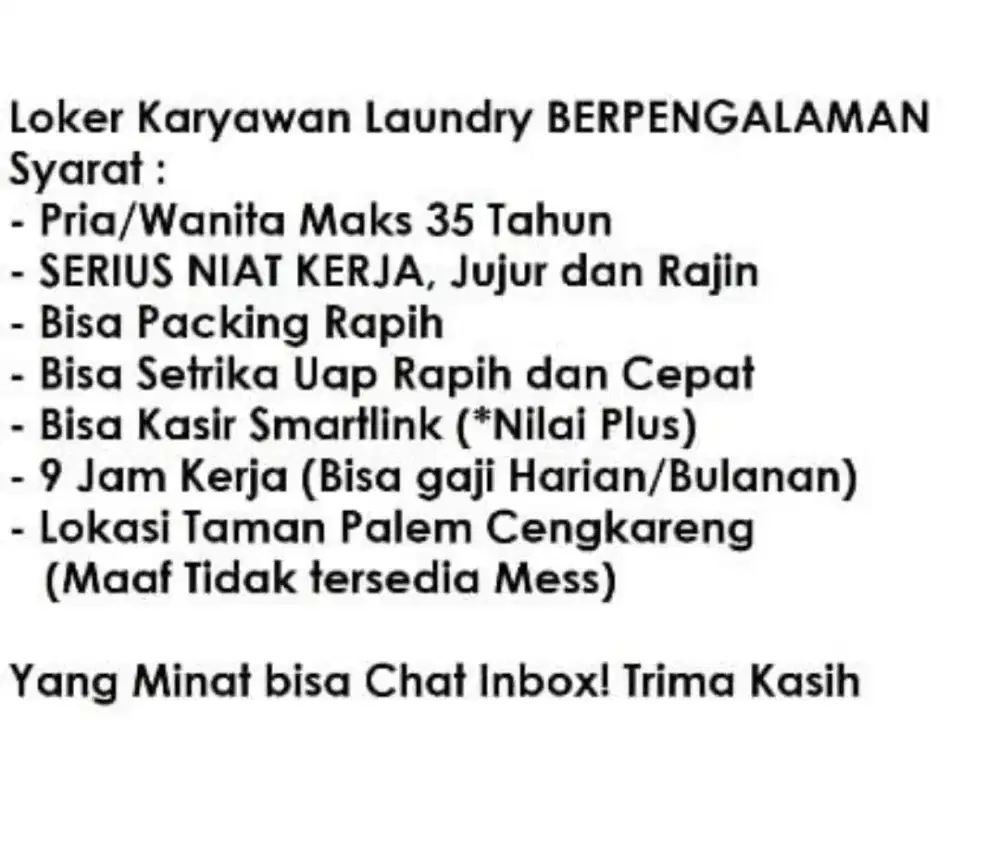Butuh Karyawan Laundry